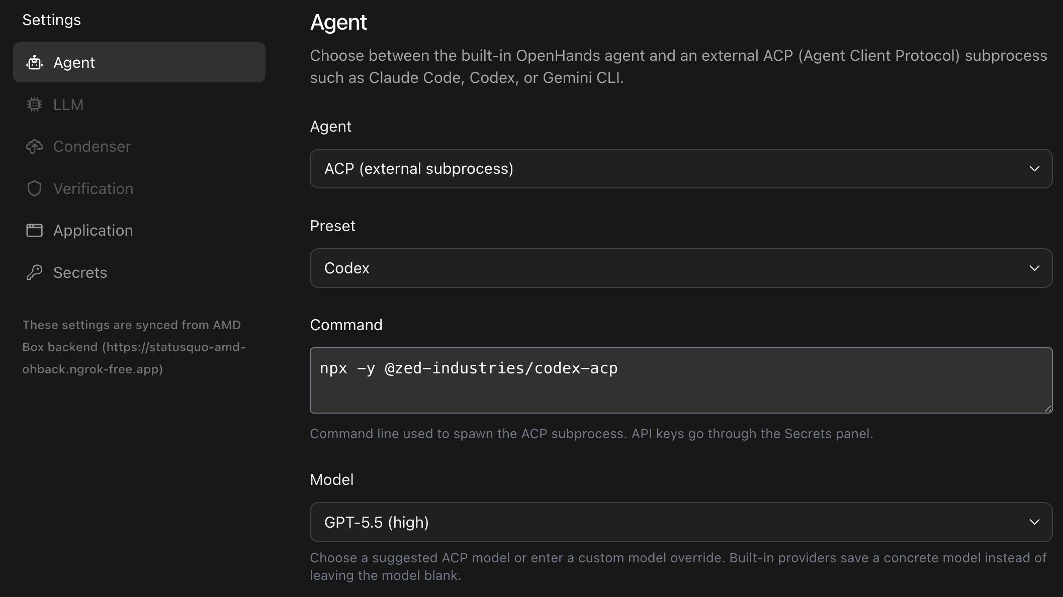 Agent Canvas settings menu for choosing ACP-compatible agents.