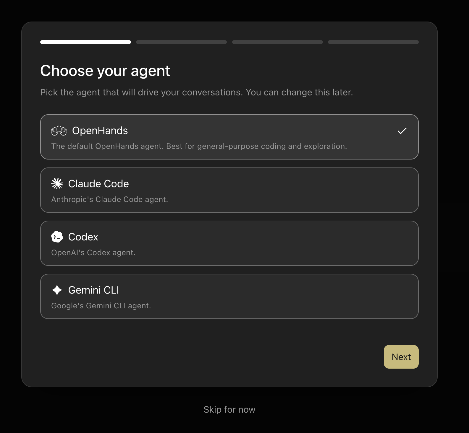 Agent Canvas setup: choose OpenHands, Claude Code, Codex, Gemini CLI, or another ACP-compatible agent.