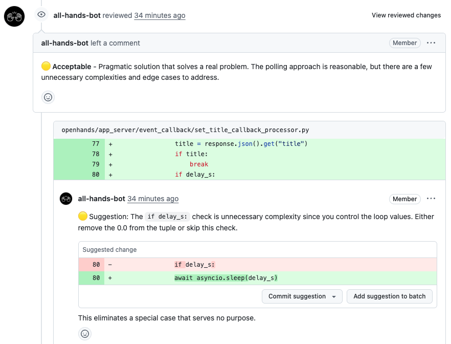 The OpenHands PR review skill in action on GitHub